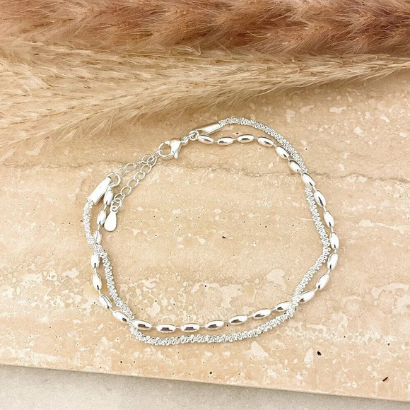 Jewelry - Sterling Silver Double Chain Layer Bracelet Shiny Sequin Dainty Chain Bracelet